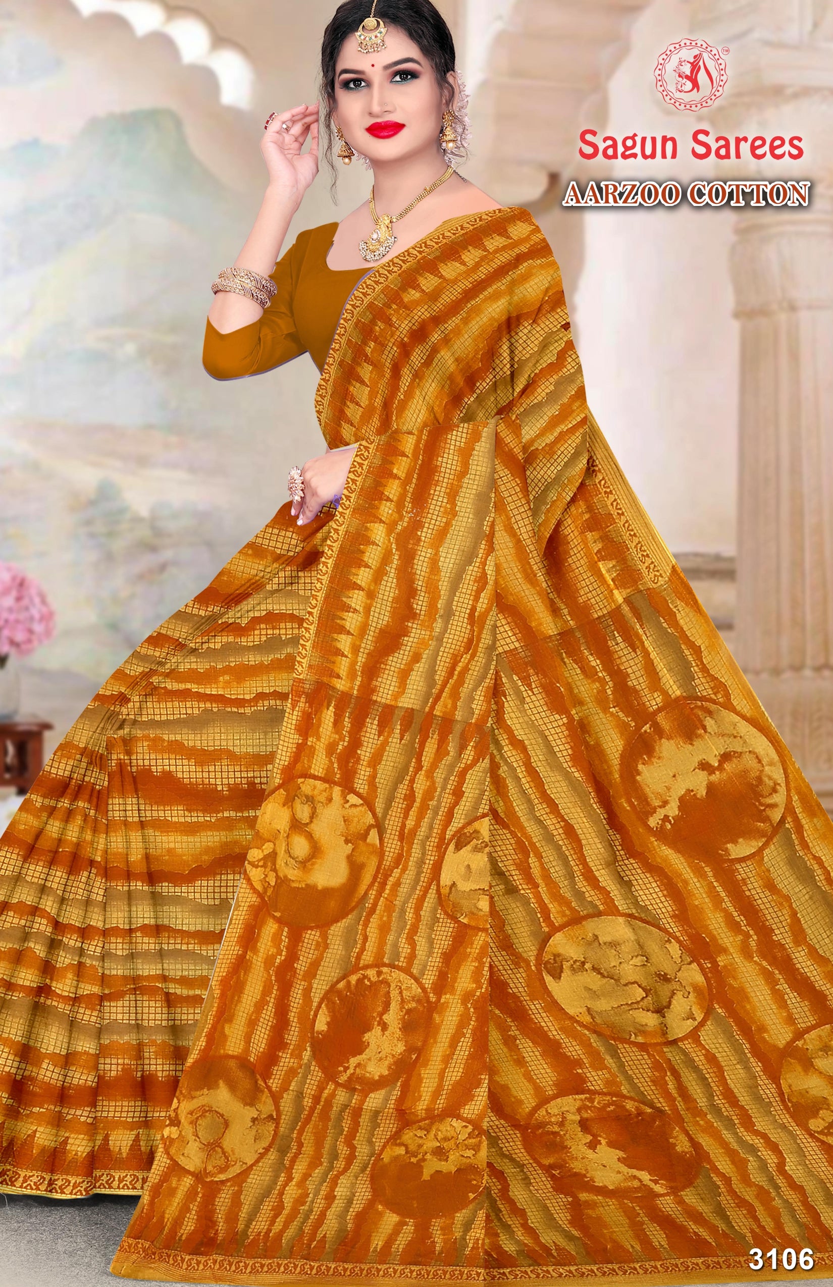 AARZOO COTTON Soft Cotton Printed Saree with Designer Pallu - 8 Pcs Set