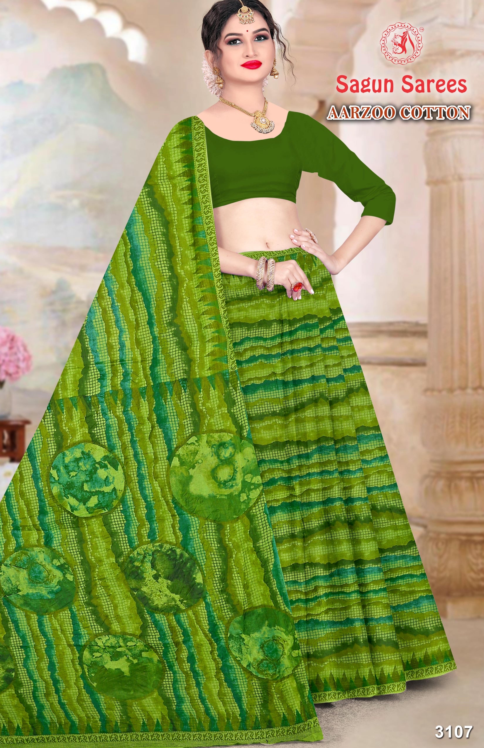 AARZOO COTTON Soft Cotton Printed Saree with Designer Pallu - 8 Pcs Set