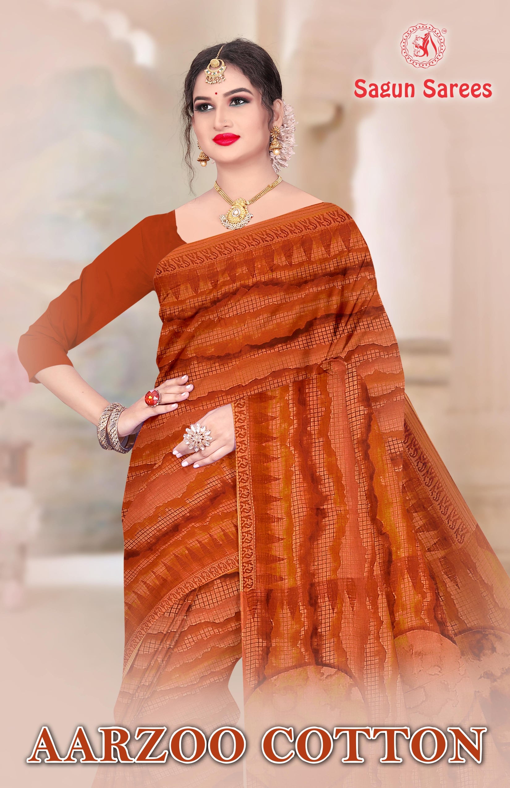 AARZOO COTTON Soft Cotton Printed Saree with Designer Pallu - 8 Pcs Set