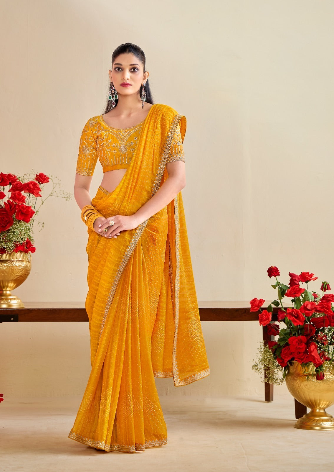 Bandhniya 9 PCS Set – Georgette Fancy Pattern with Embroidery Border & Blouse-M.R.Saree Emporium