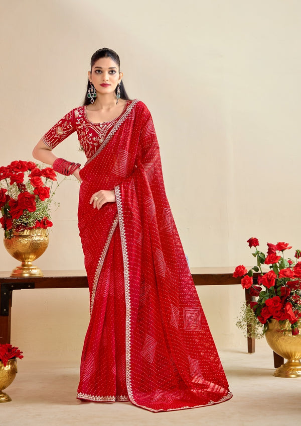 Bandhniya 9 PCS Set – Georgette Fancy Pattern with Embroidery Border & Blouse-M.R.Saree Emporium