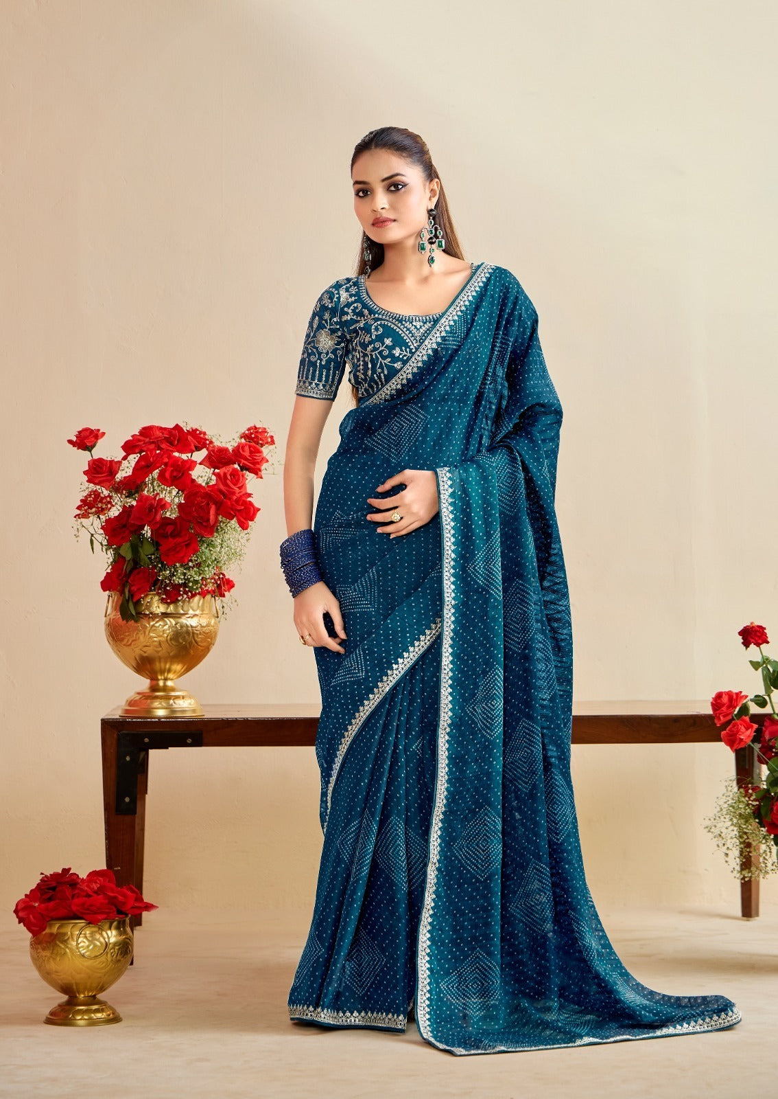 Bandhniya 9 PCS Set – Georgette Fancy Pattern with Embroidery Border & Blouse-M.R.Saree Emporium