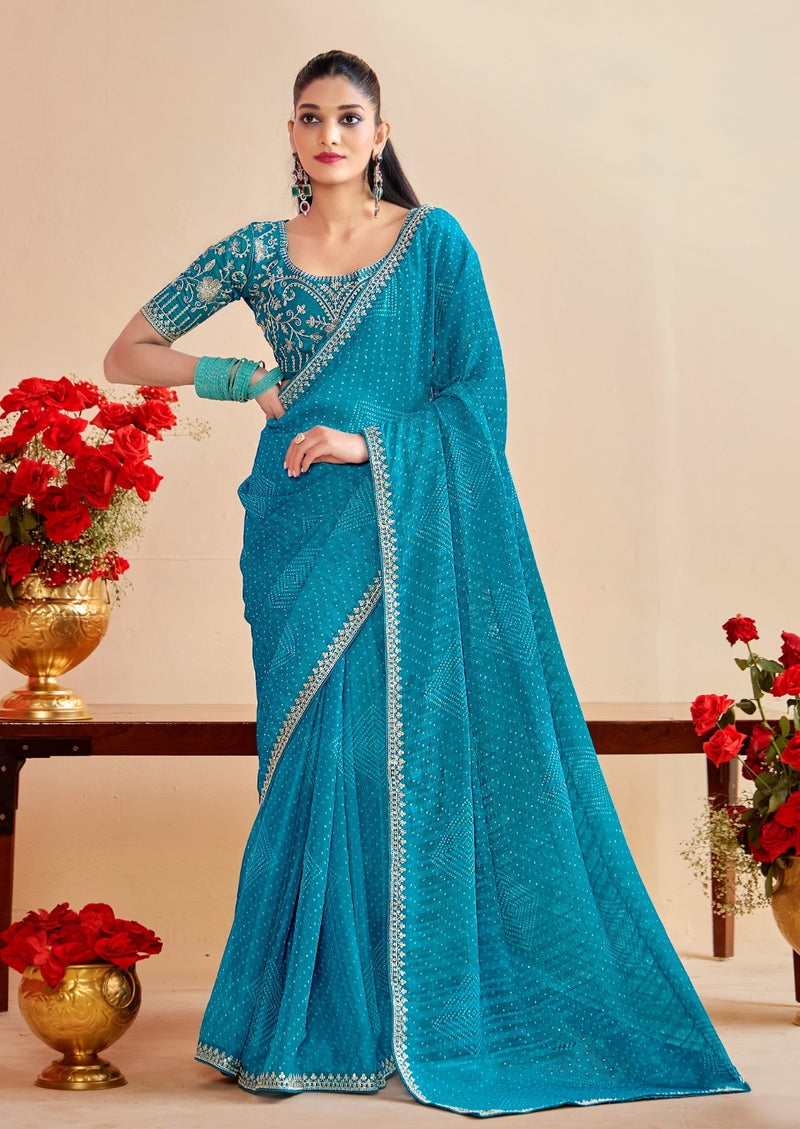 Bandhniya 9 PCS Set – Georgette Fancy Pattern with Embroidery Border & Blouse-M.R.Saree Emporium