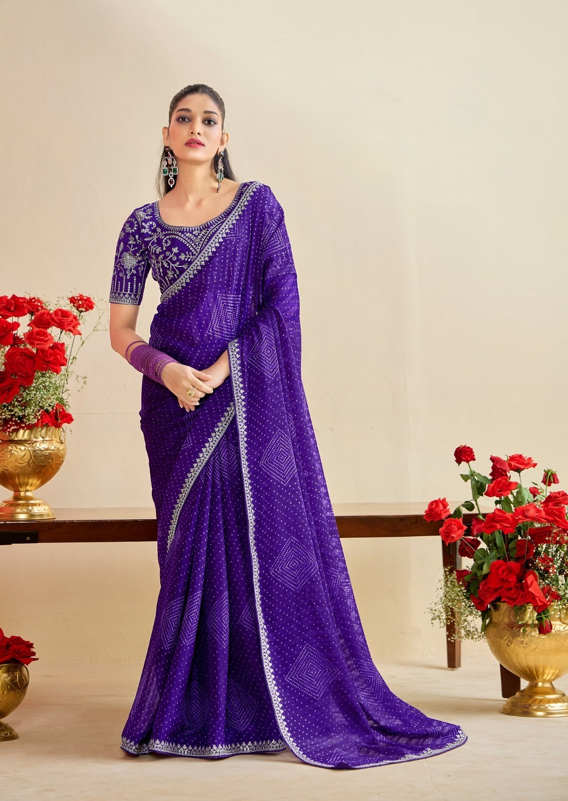 Bandhniya 9 PCS Set – Georgette Fancy Pattern with Embroidery Border & Blouse-M.R.Saree Emporium