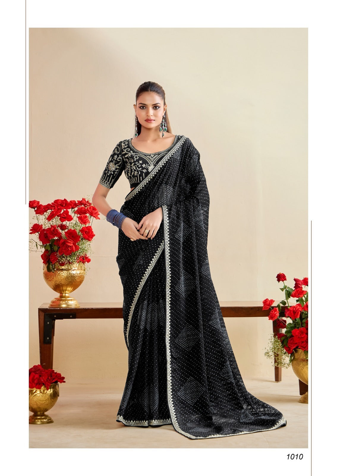 Bandhniya 9 PCS Set – Georgette Fancy Pattern with Embroidery Border & Blouse-M.R.Saree Emporium