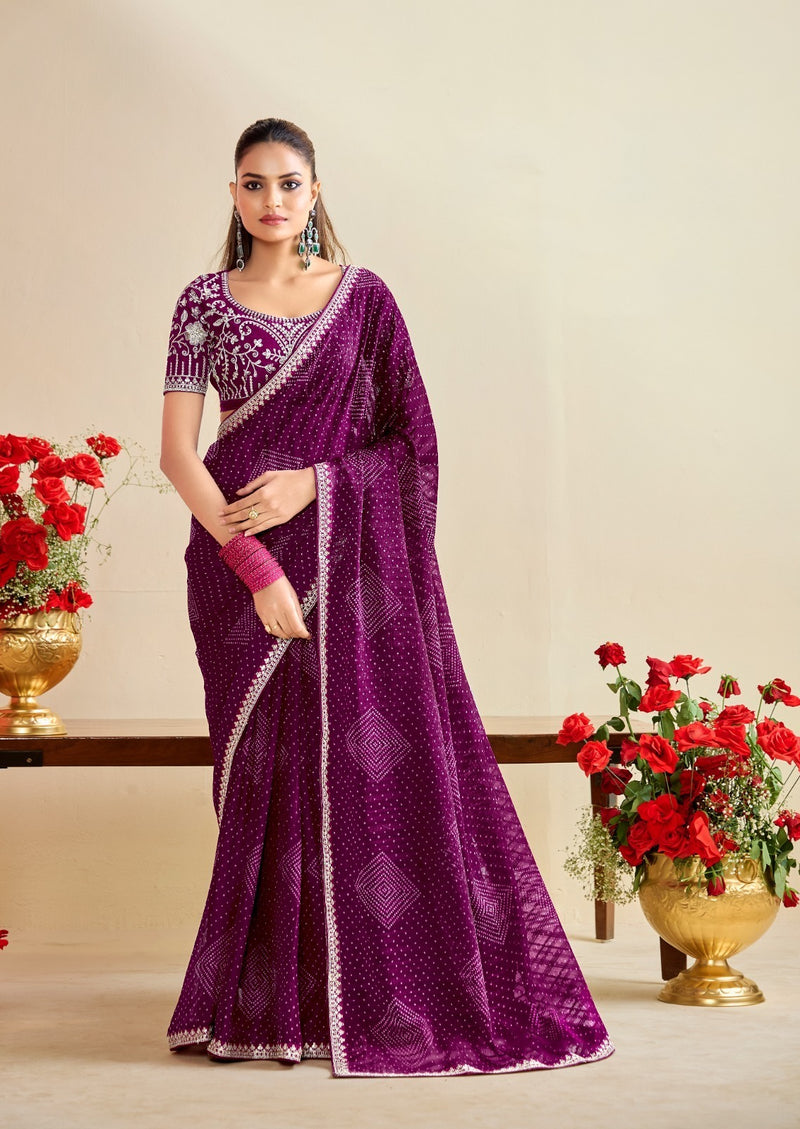 Bandhniya 9 PCS Set – Georgette Fancy Pattern with Embroidery Border & Blouse-M.R.Saree Emporium