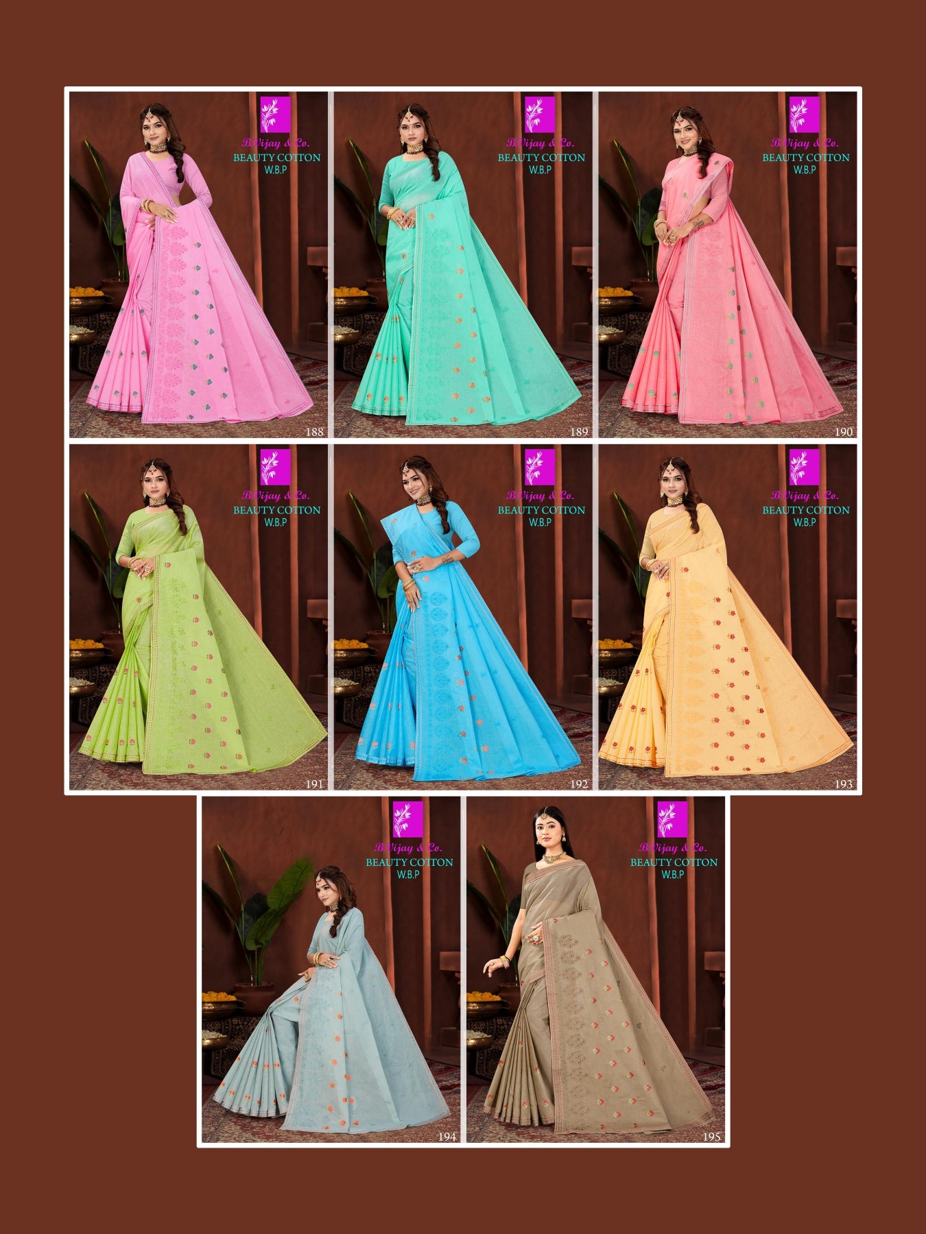 Beauty Cotton Embroidered Cotton Saree Collection - 8 Pcs Set