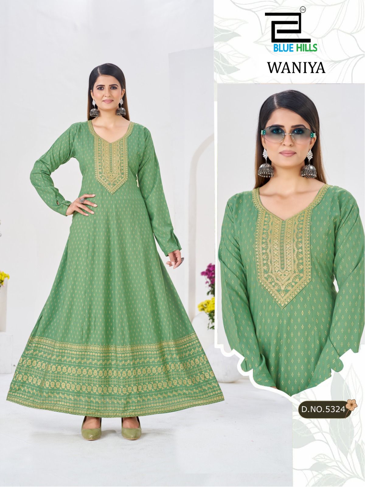 Blue Hills Waniya Rayon Foil Print Anarkali Gown Collection - 6 PCS - M.R. Saree Emporium