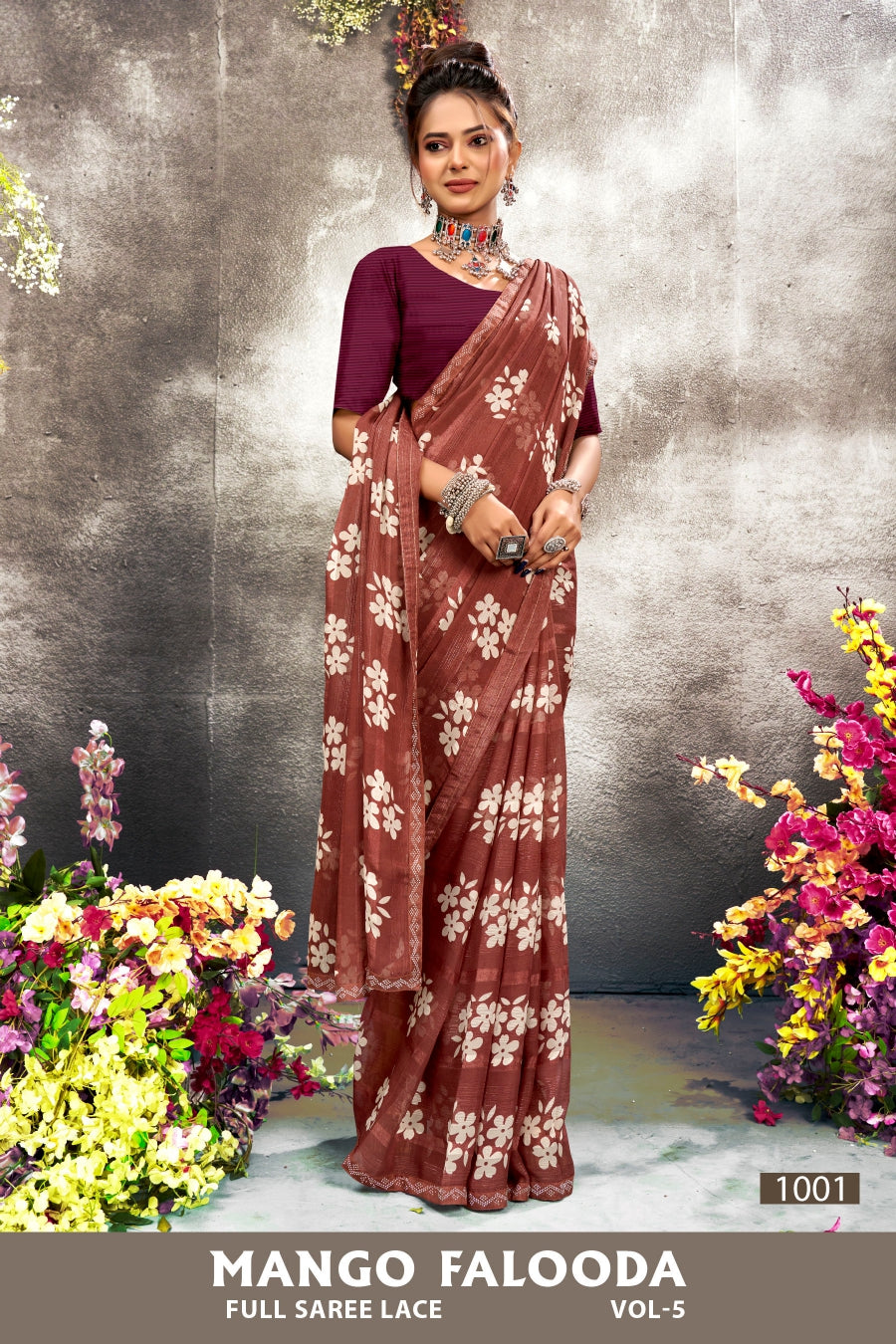 Mango Falooda Vol-5 Chiffon Saree Set (8 Pcs) Floral Print Lace Border Daily Wear - M.R. Saree Emporium