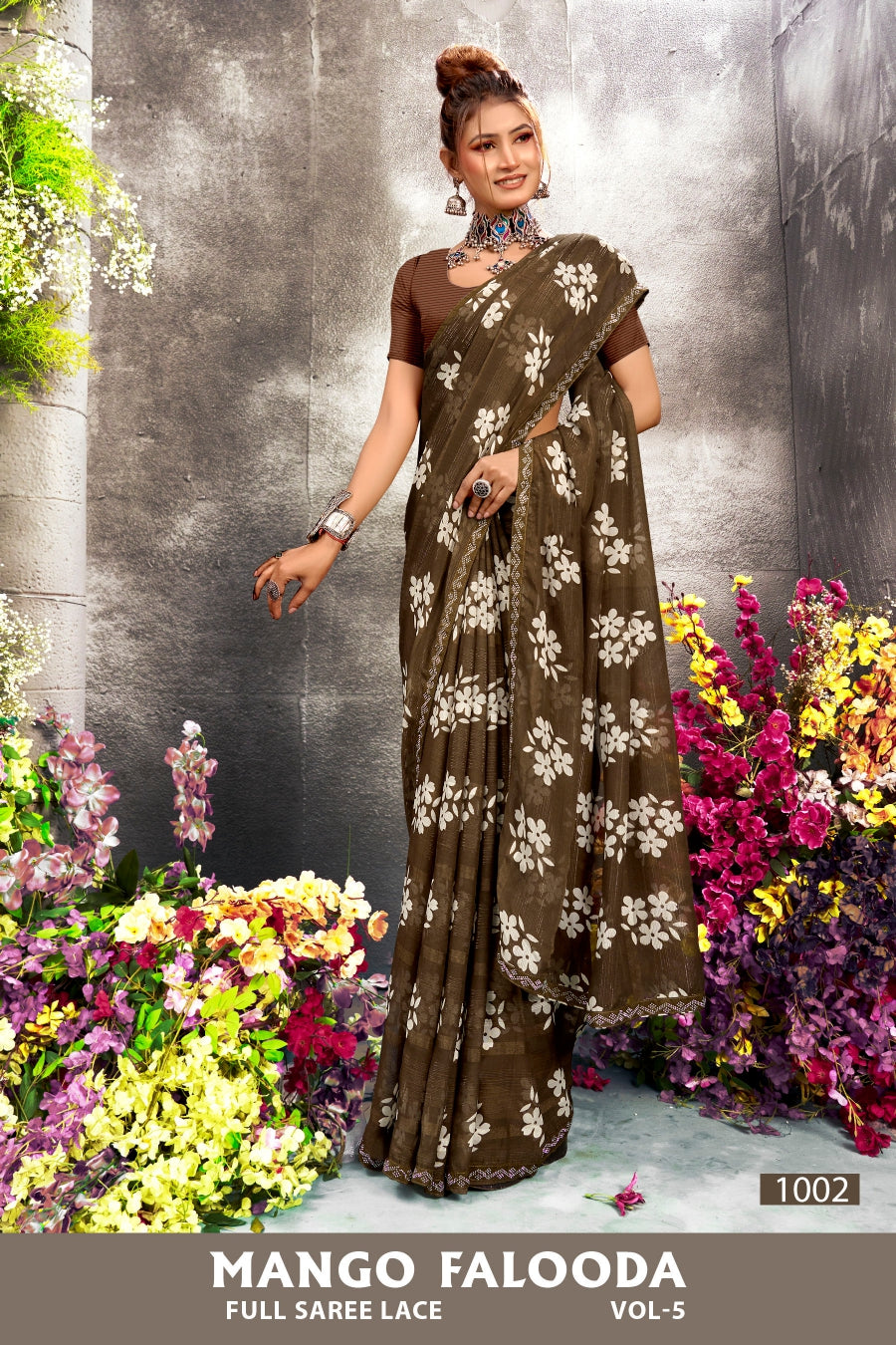 Mango Falooda Vol-5 Chiffon Saree Set (8 Pcs) Floral Print Lace Border Daily Wear - M.R. Saree Emporium