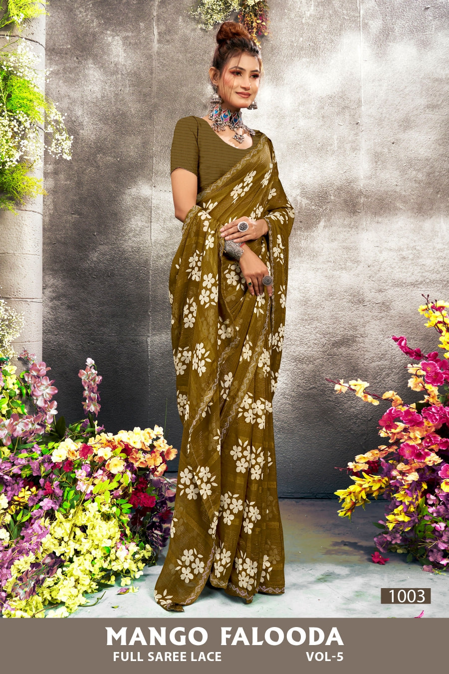 Mango Falooda Vol-5 Chiffon Saree Set (8 Pcs) Floral Print Lace Border Daily Wear - M.R. Saree Emporium