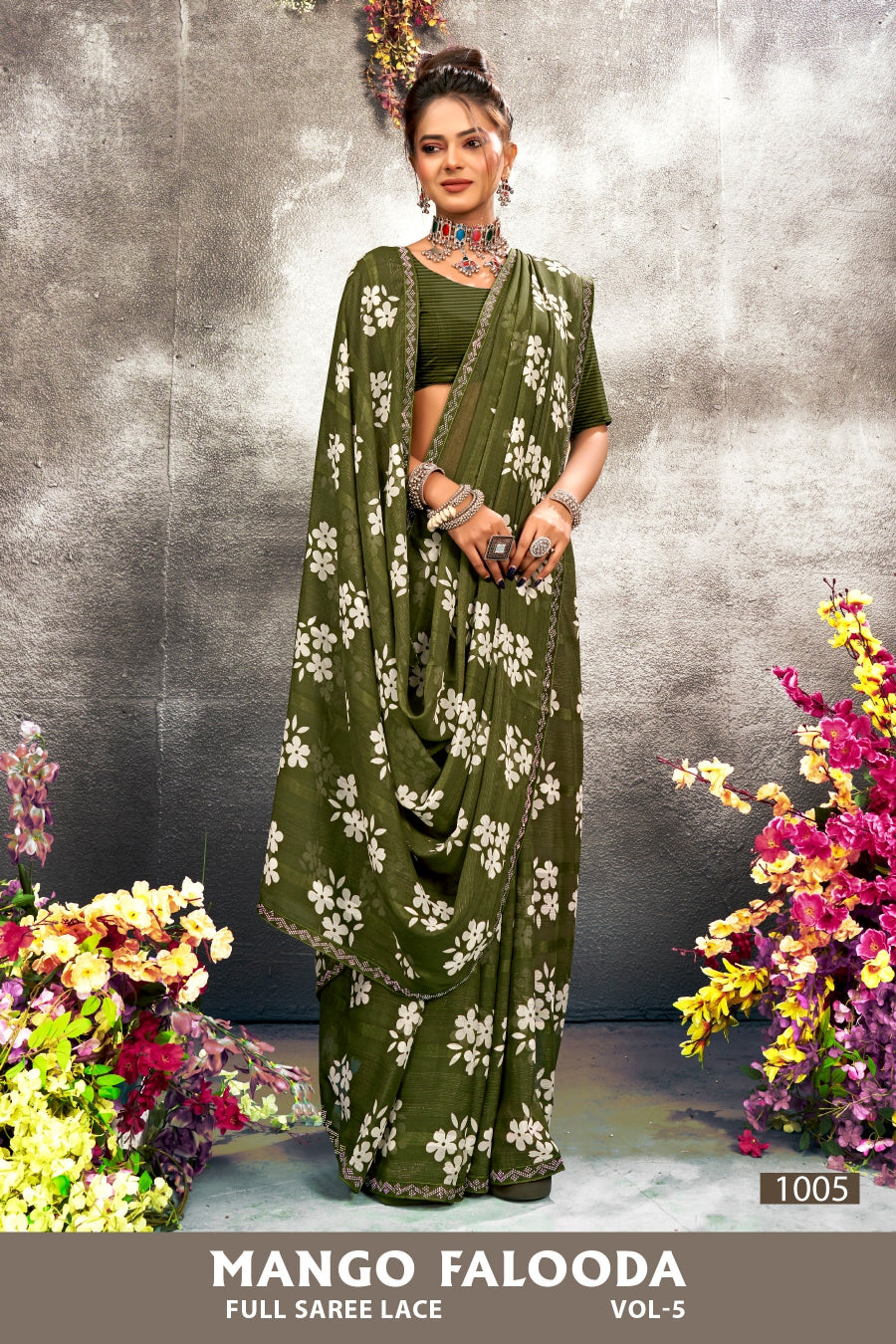 Mango Falooda Vol-5 Chiffon Saree Set (8 Pcs) Floral Print Lace Border Daily Wear - M.R. Saree Emporium