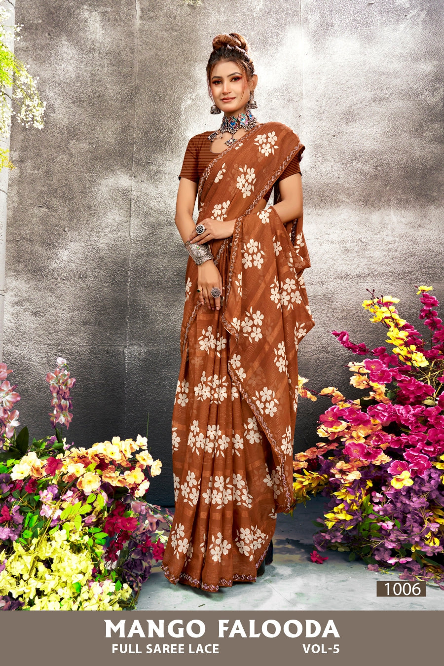 Mango Falooda Vol-5 Chiffon Saree Set (8 Pcs) Floral Print Lace Border Daily Wear - M.R. Saree Emporium