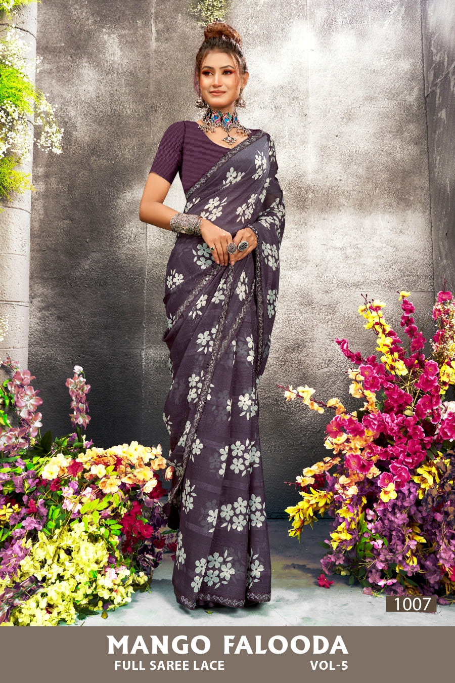 Mango Falooda Vol-5 Chiffon Saree Set (8 Pcs) Floral Print Lace Border Daily Wear - M.R. Saree Emporium