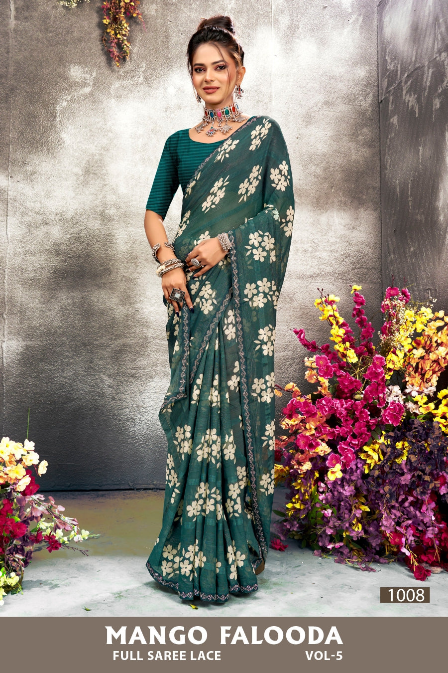 Mango Falooda Vol-5 Chiffon Saree Set (8 Pcs) Floral Print Lace Border Daily Wear - M.R. Saree Emporium