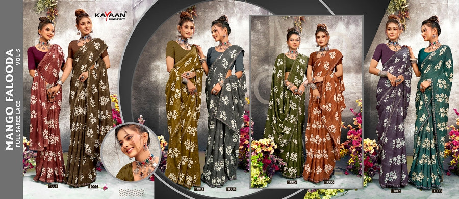Mango Falooda Vol-5 Chiffon Saree Set (8 Pcs) Floral Print Lace Border Daily Wear - M.R. Saree Emporium