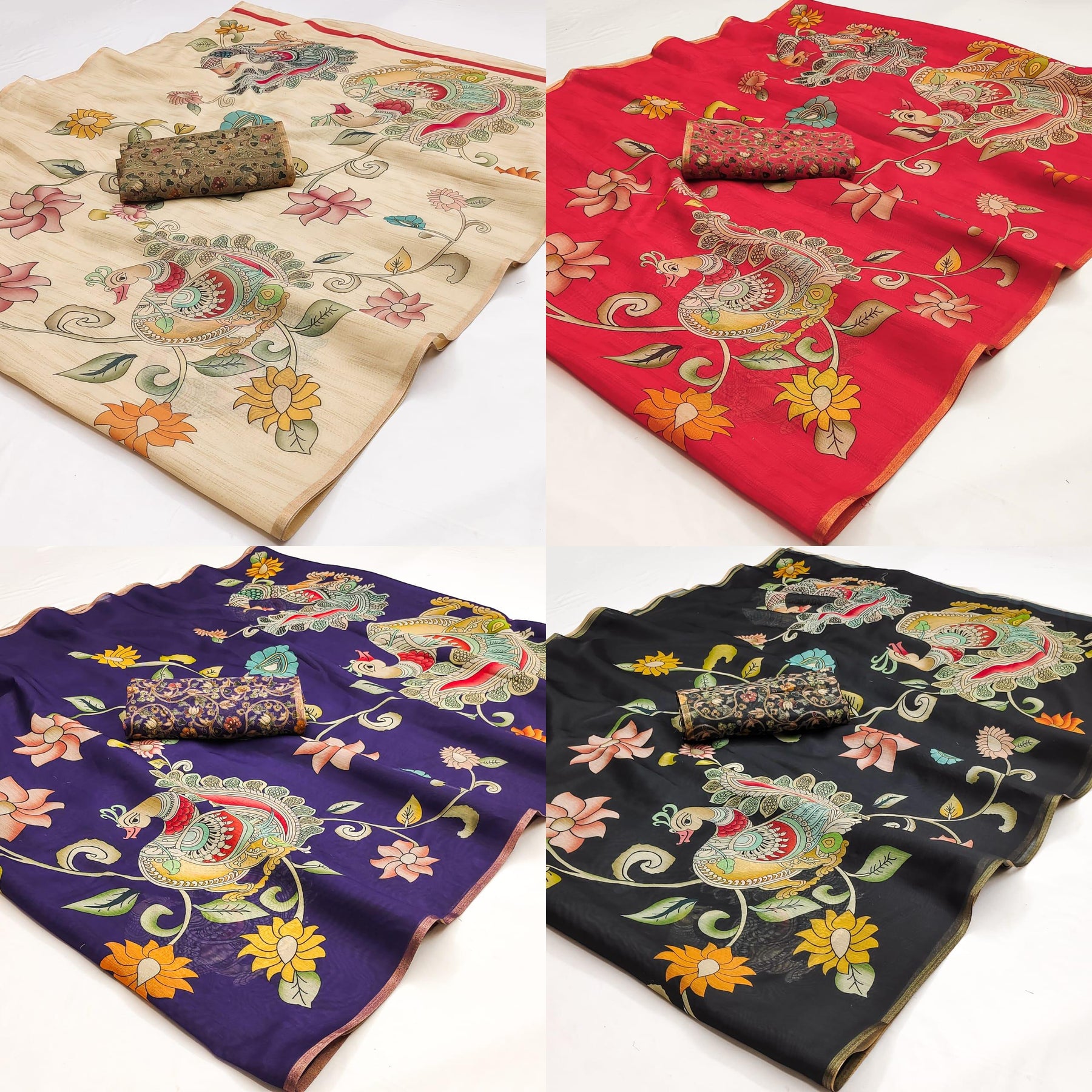 Rajyog Printed Chanderi Silk Saree - Peacock Floral Designer Saree - M.R. Saree Emporium