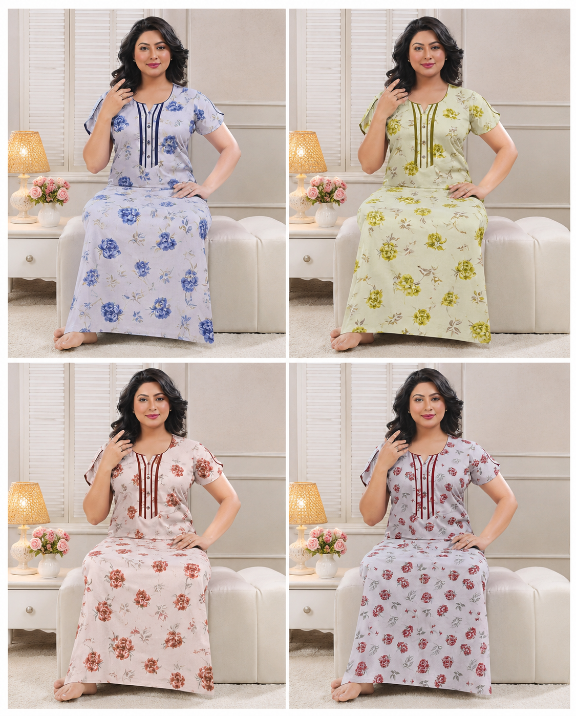 Premium Cotton Printed Nighty - 4 Pcs Set