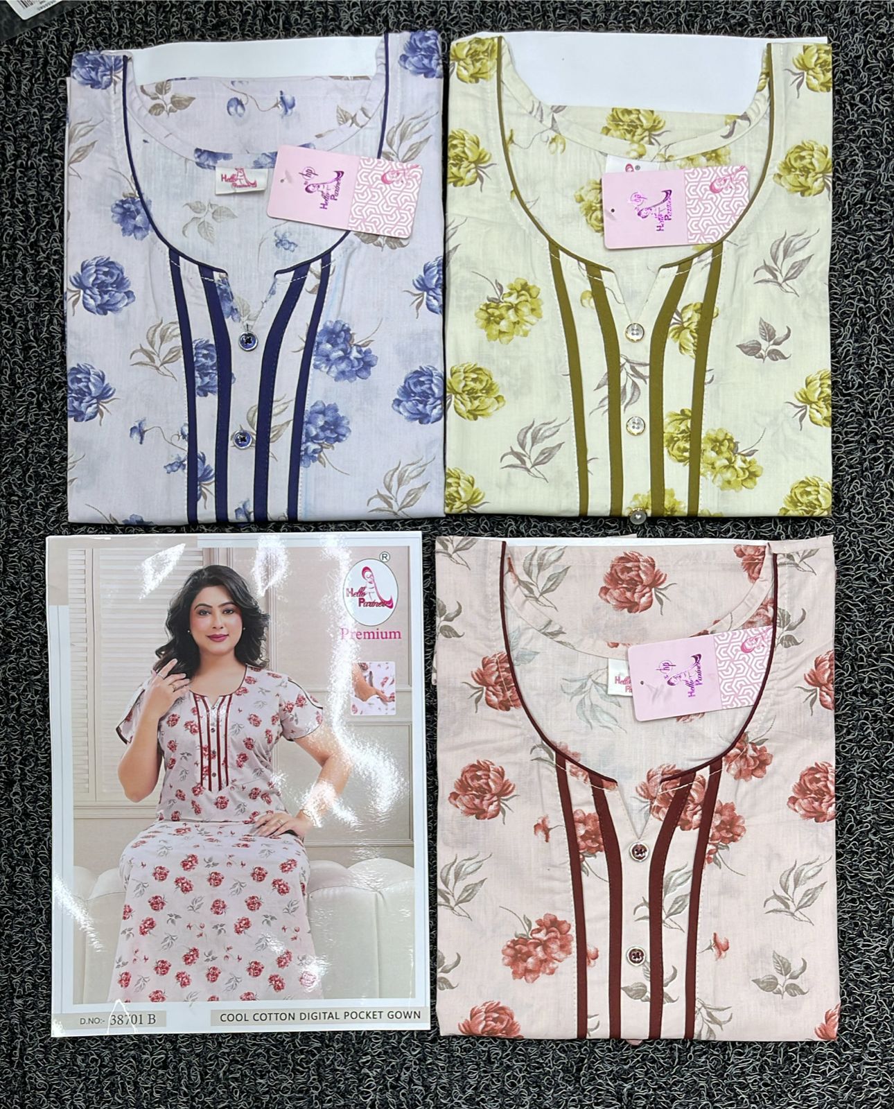 Premium Cotton Printed Nighty - 4 Pcs Set