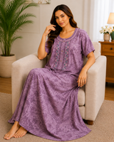Cotton Work Gown Nighty 3 Pcs Set - Premium Cotton Printed Full Length Night Gown Wholesale