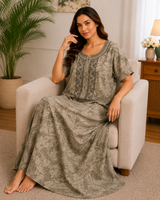 Cotton Work Gown Nighty 3 Pcs Set - Premium Cotton Printed Full Length Night Gown Wholesale