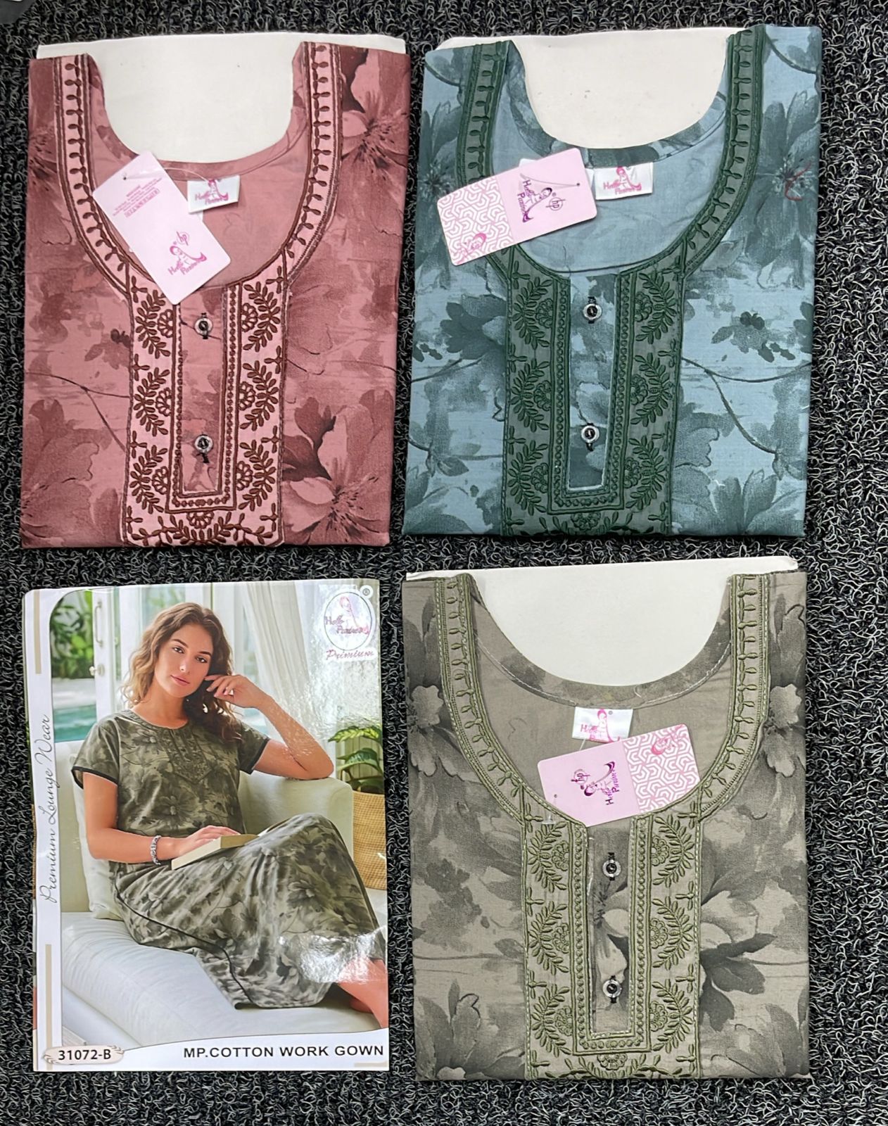 Cotton Work Gown Nighty 3 Pcs Set - Premium Cotton Printed Full Length Night Gown Wholesale