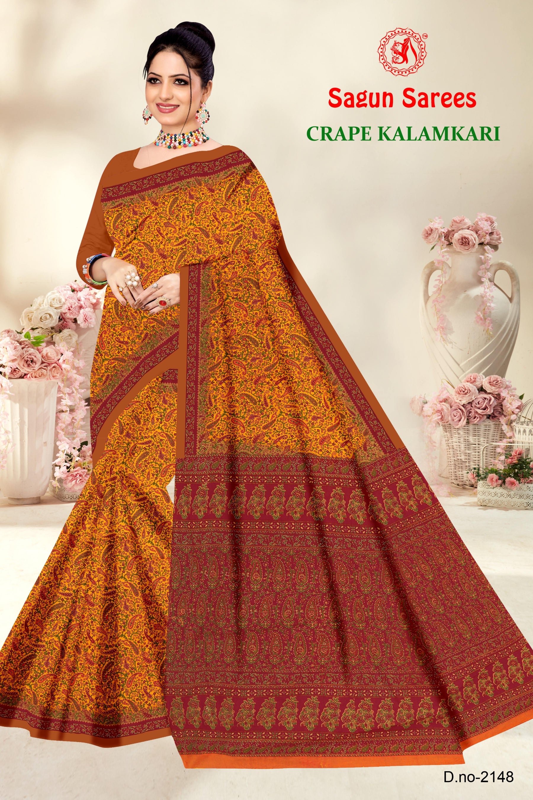 CRAPE KALAMKARI Cotton Kalamkari Printed Saree with Designer Border - 8 Pcs Set