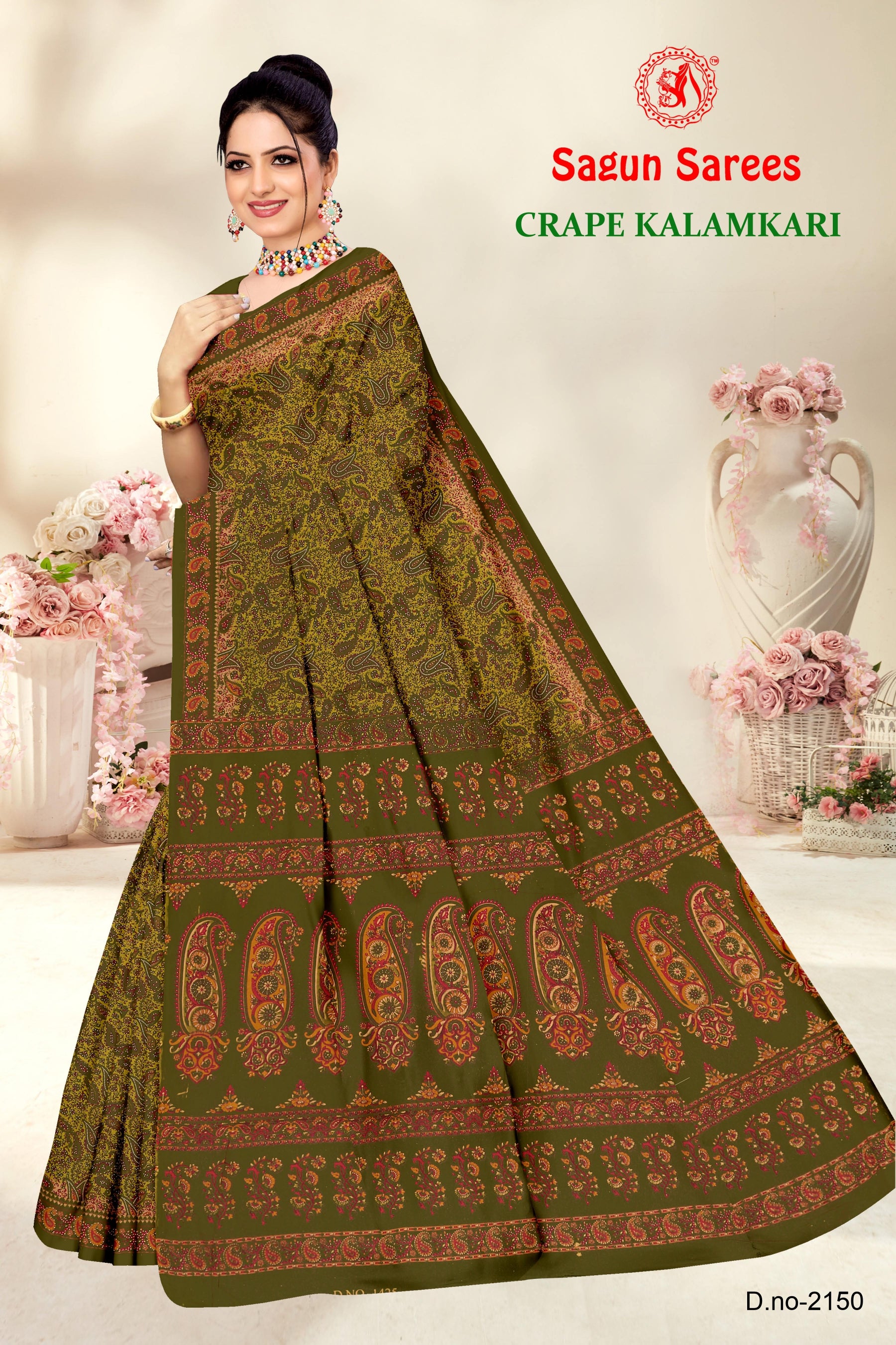 CRAPE KALAMKARI Cotton Kalamkari Printed Saree with Designer Border - 8 Pcs Set