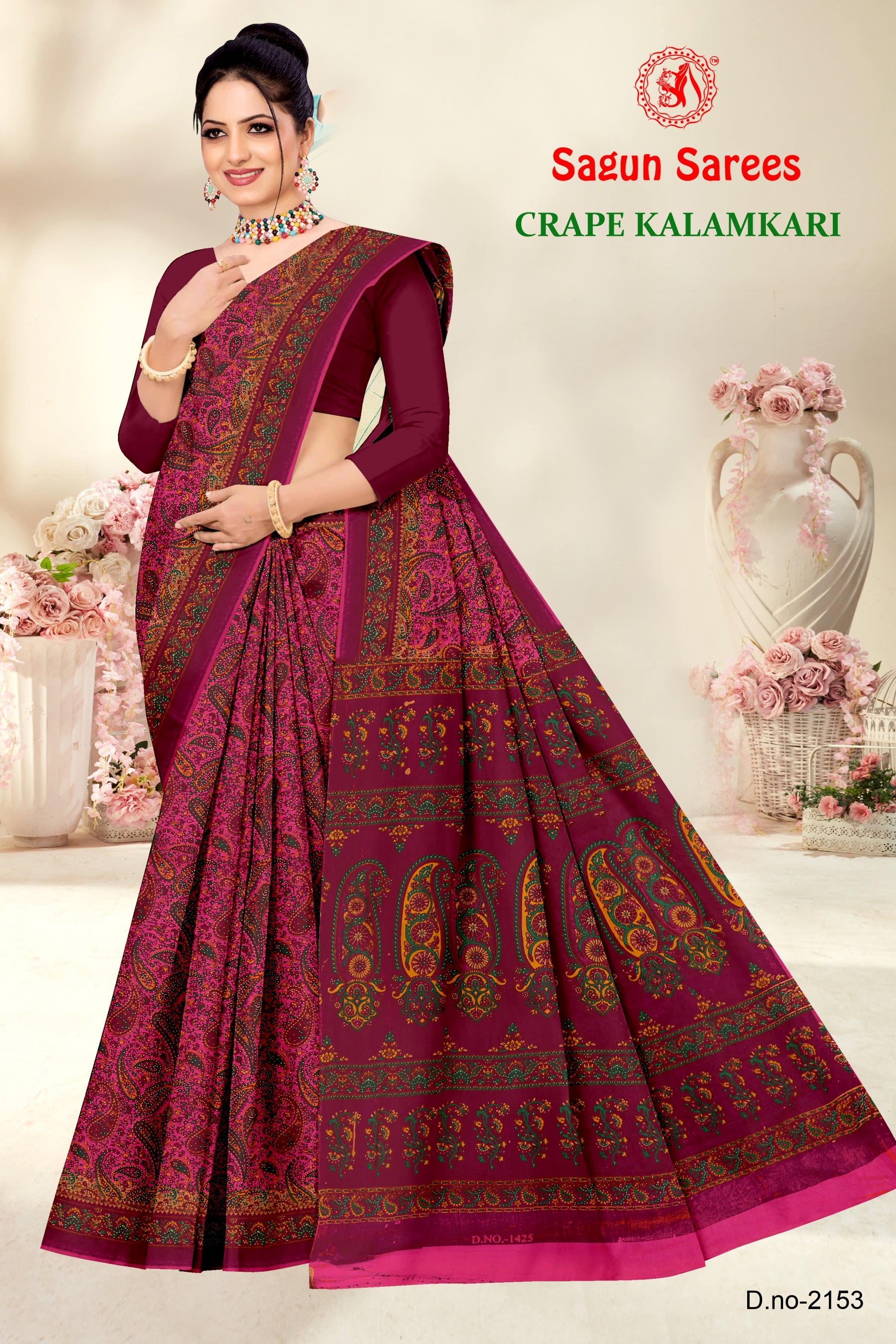 CRAPE KALAMKARI Cotton Kalamkari Printed Saree with Designer Border - 8 Pcs Set