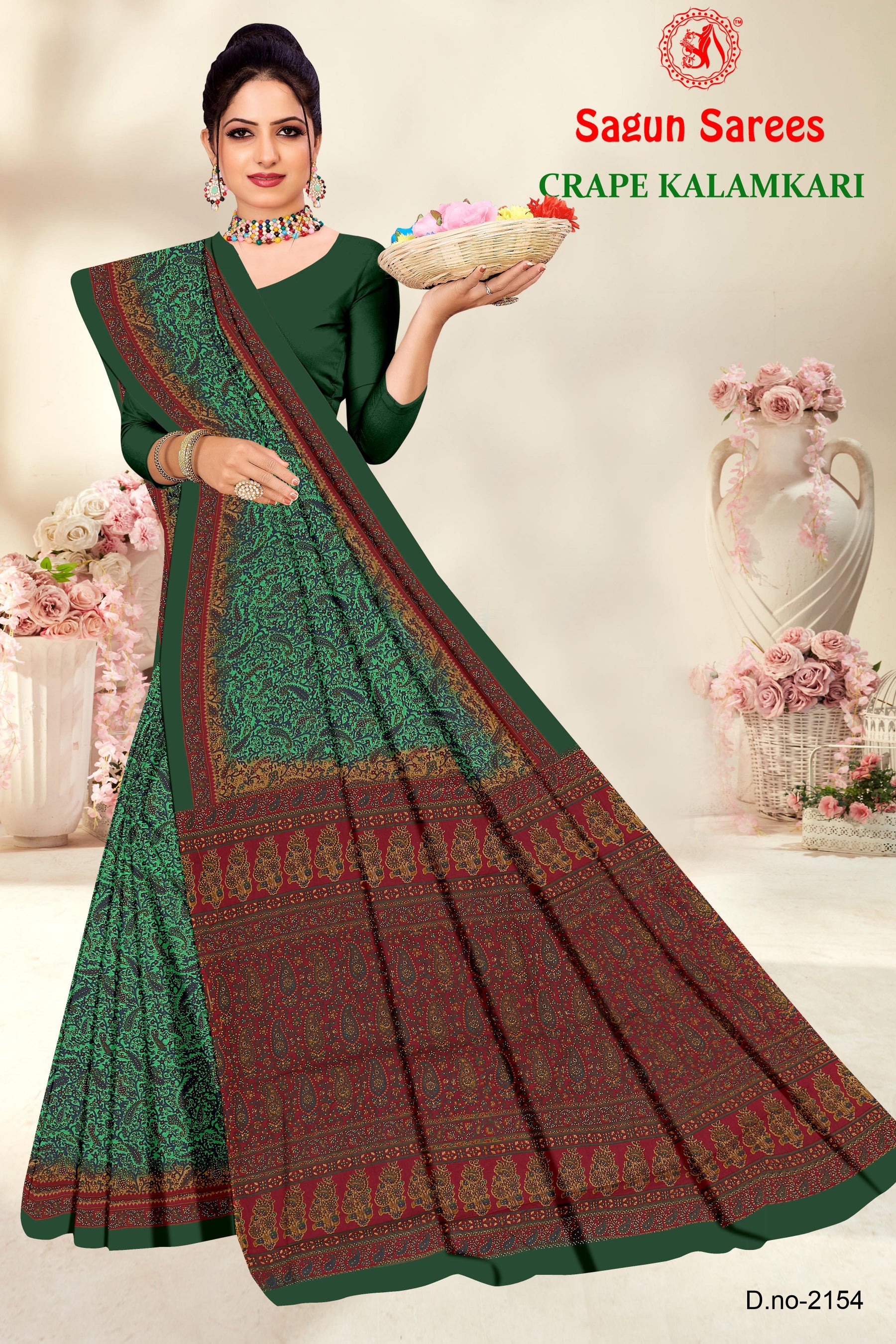 CRAPE KALAMKARI Cotton Kalamkari Printed Saree with Designer Border - 8 Pcs Set
