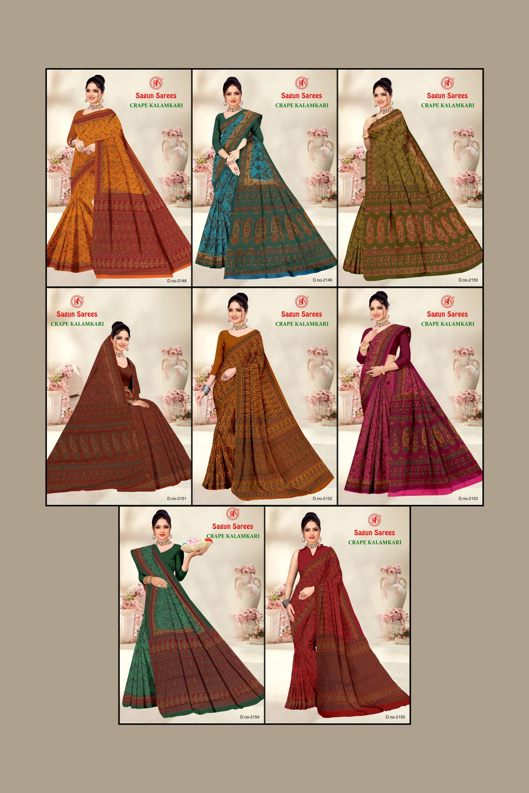 CRAPE KALAMKARI Cotton Kalamkari Printed Saree with Designer Border - 8 Pcs Set