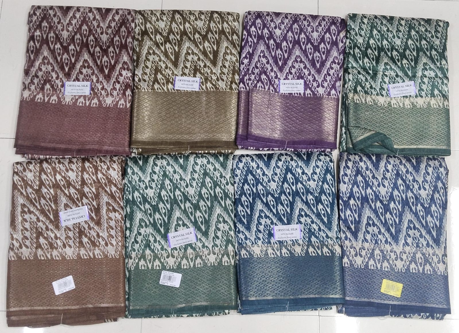 Crystal Silk Saree Set - 8 Pcs Set - Ikat Zig Zag Design - Rich Zari Border - With Blouse - M.R. Saree Emporium
