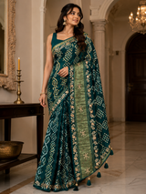 Premium Dark Green Bandhani Silk Saree with Designer Zari Pallu & Tassels - M.R. Saree Emporium