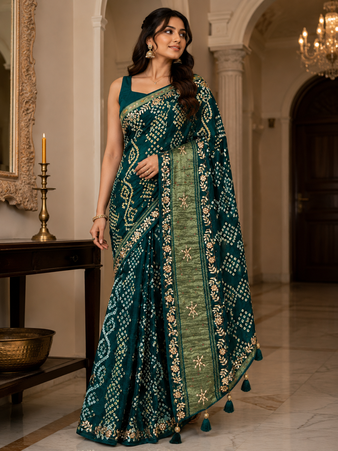 Premium Dark Green Bandhani Silk Saree with Designer Zari Pallu & Tassels - M.R. Saree Emporium