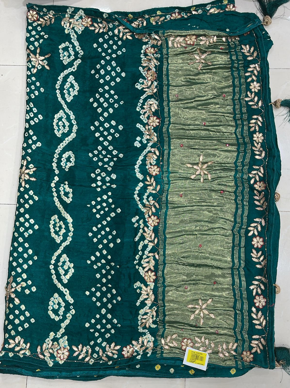 Premium Dark Green Bandhani Silk Saree with Designer Zari Pallu & Tassels - M.R. Saree Emporium
