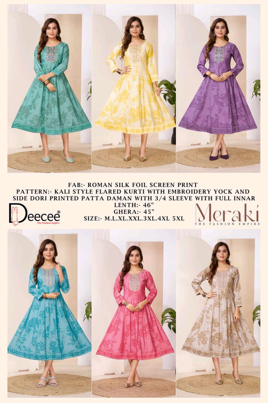 Deecee Meraki Roman Silk Foil Print Flared Kurti - 6 PCS Set