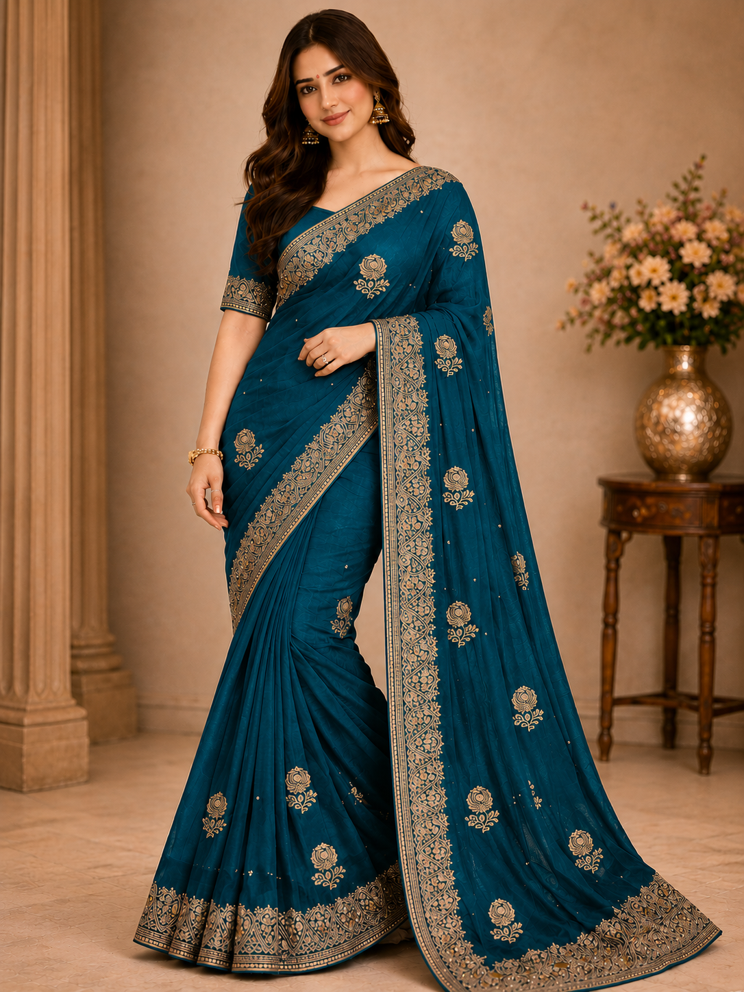 Designer Gold Satar Fabric Saree 5 Pcs Set With Zari Weaving Bootie & Rich Zari Border – Party Wear Collection-M.R. Saree Emporium