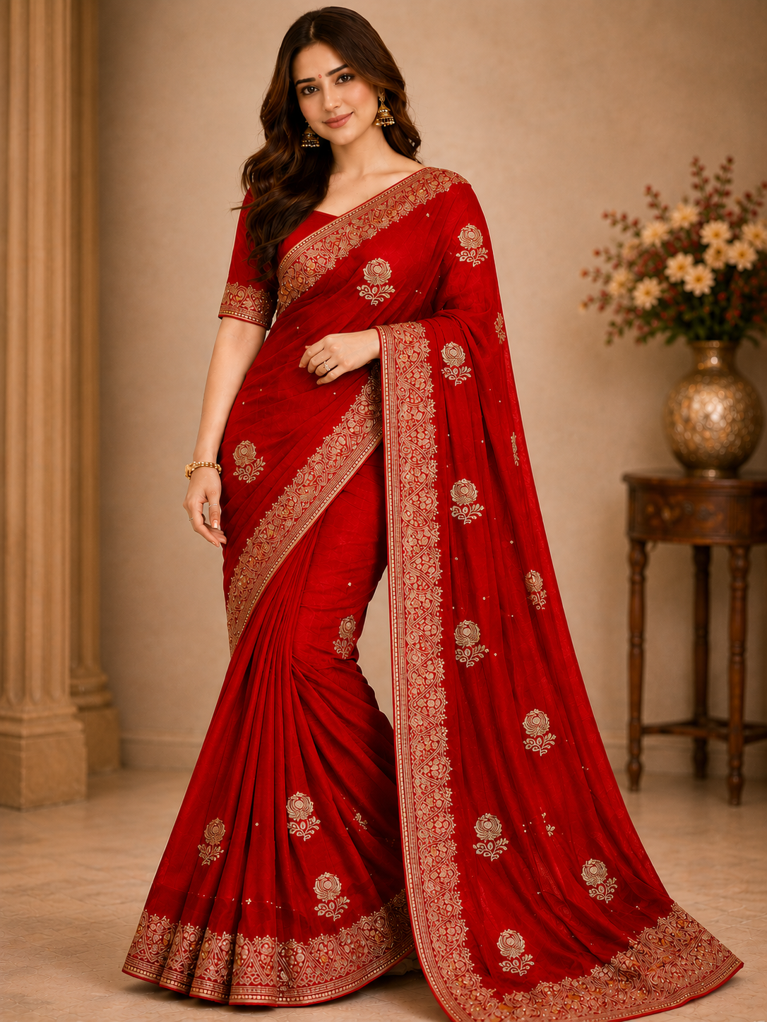 Designer Gold Satar Fabric Saree 5 Pcs Set With Zari Weaving Bootie & Rich Zari Border – Party Wear Collection-M.R. Saree Emporium