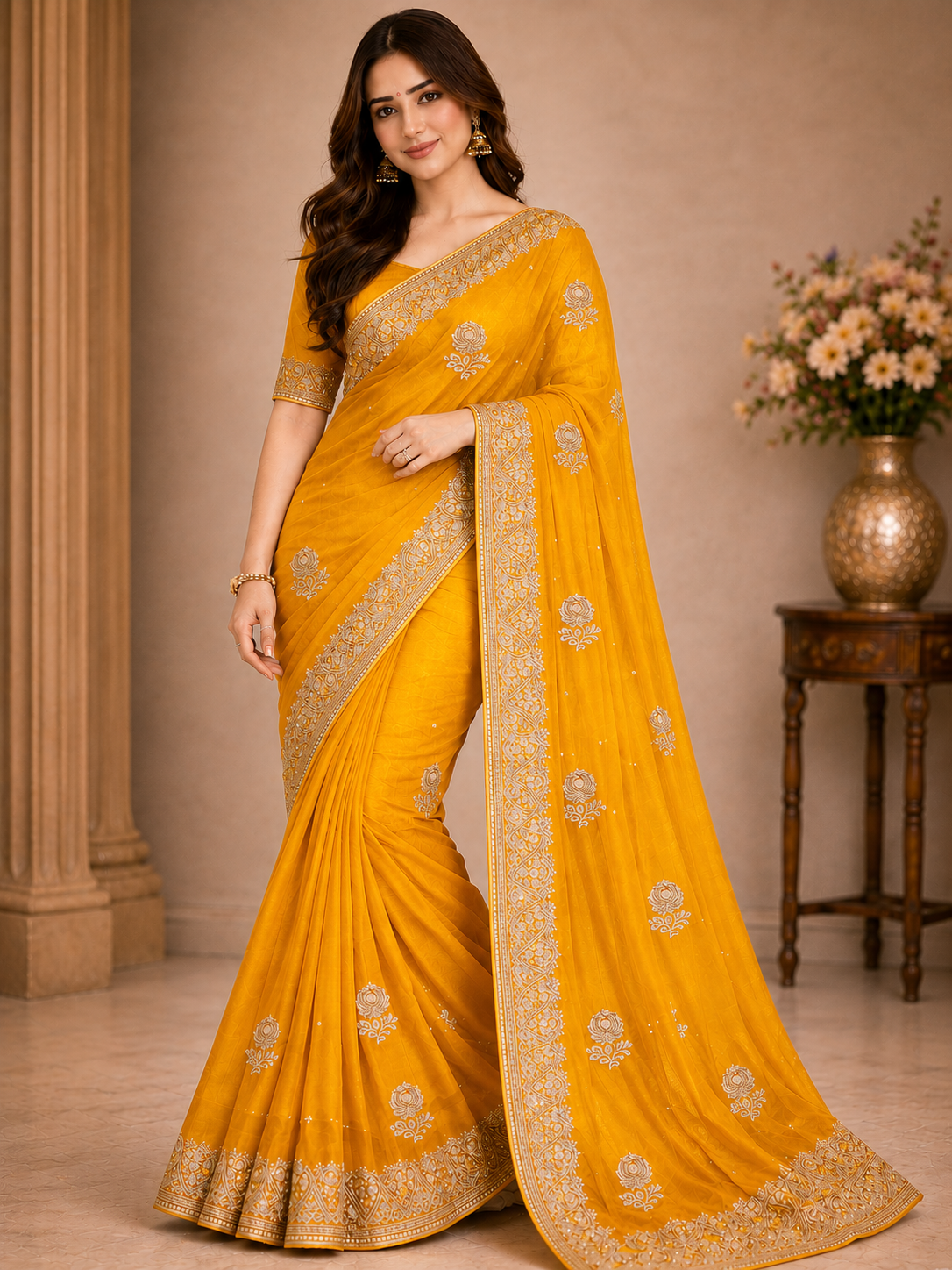 Designer Gold Satar Fabric Saree 5 Pcs Set With Zari Weaving Bootie & Rich Zari Border – Party Wear Collection-M.R. Saree Emporium