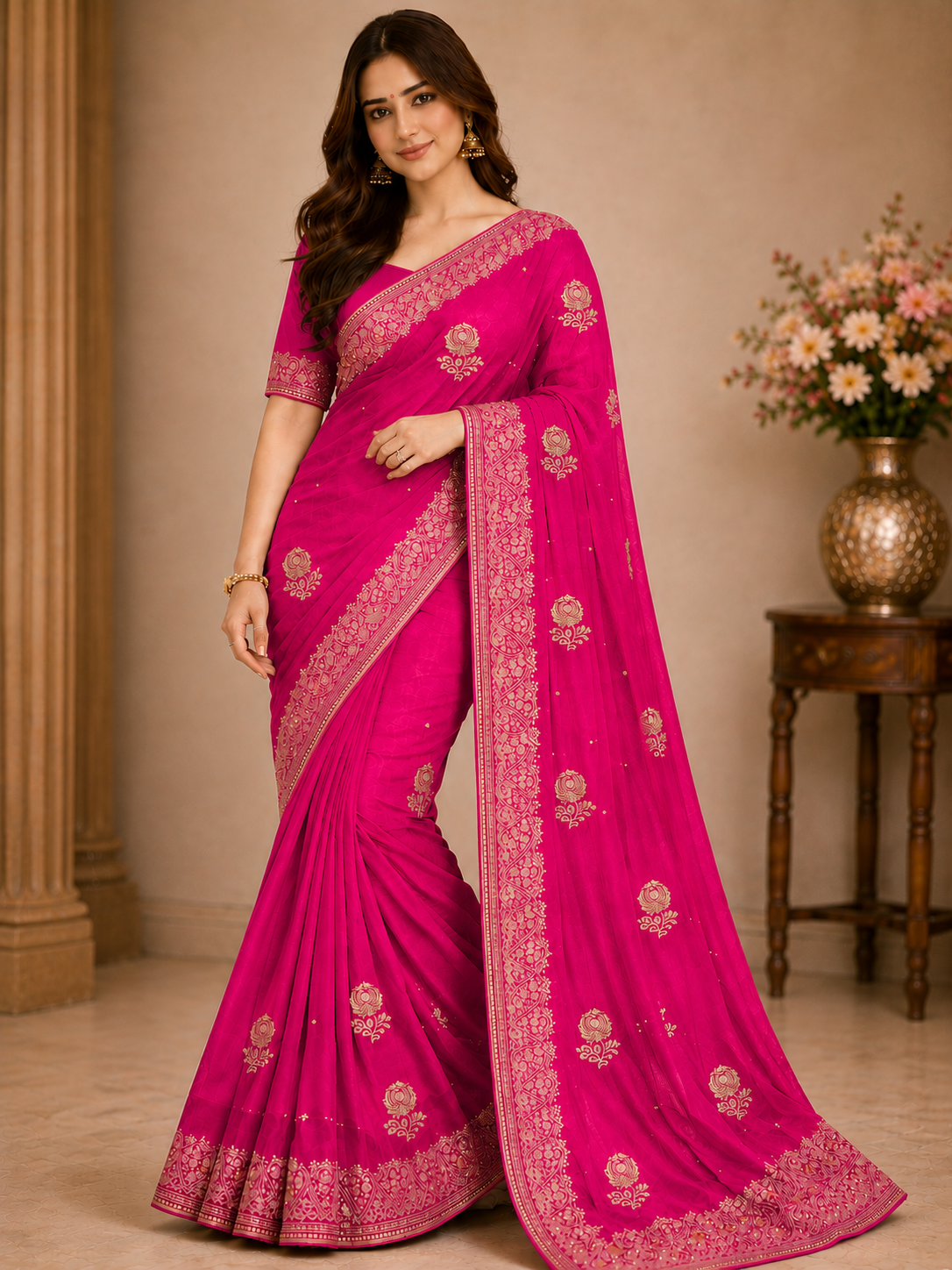Designer Gold Satar Fabric Saree 5 Pcs Set With Zari Weaving Bootie & Rich Zari Border – Party Wear Collection-M.R. Saree Emporium