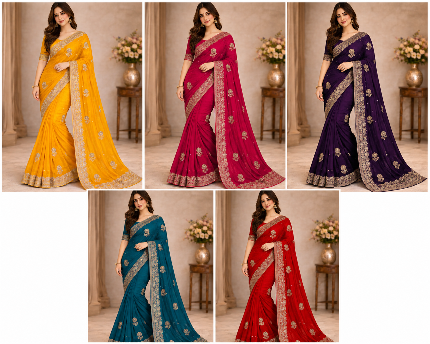 Designer Gold Satar Fabric Saree 5 Pcs Set With Zari Weaving Bootie & Rich Zari Border – Party Wear Collection-M.R. Saree Emporium