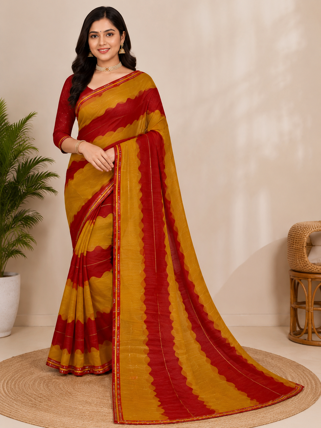 Ek Stree Glory Premium Chiffon Printed Saree with Running Blouse - 6 Pcs Set