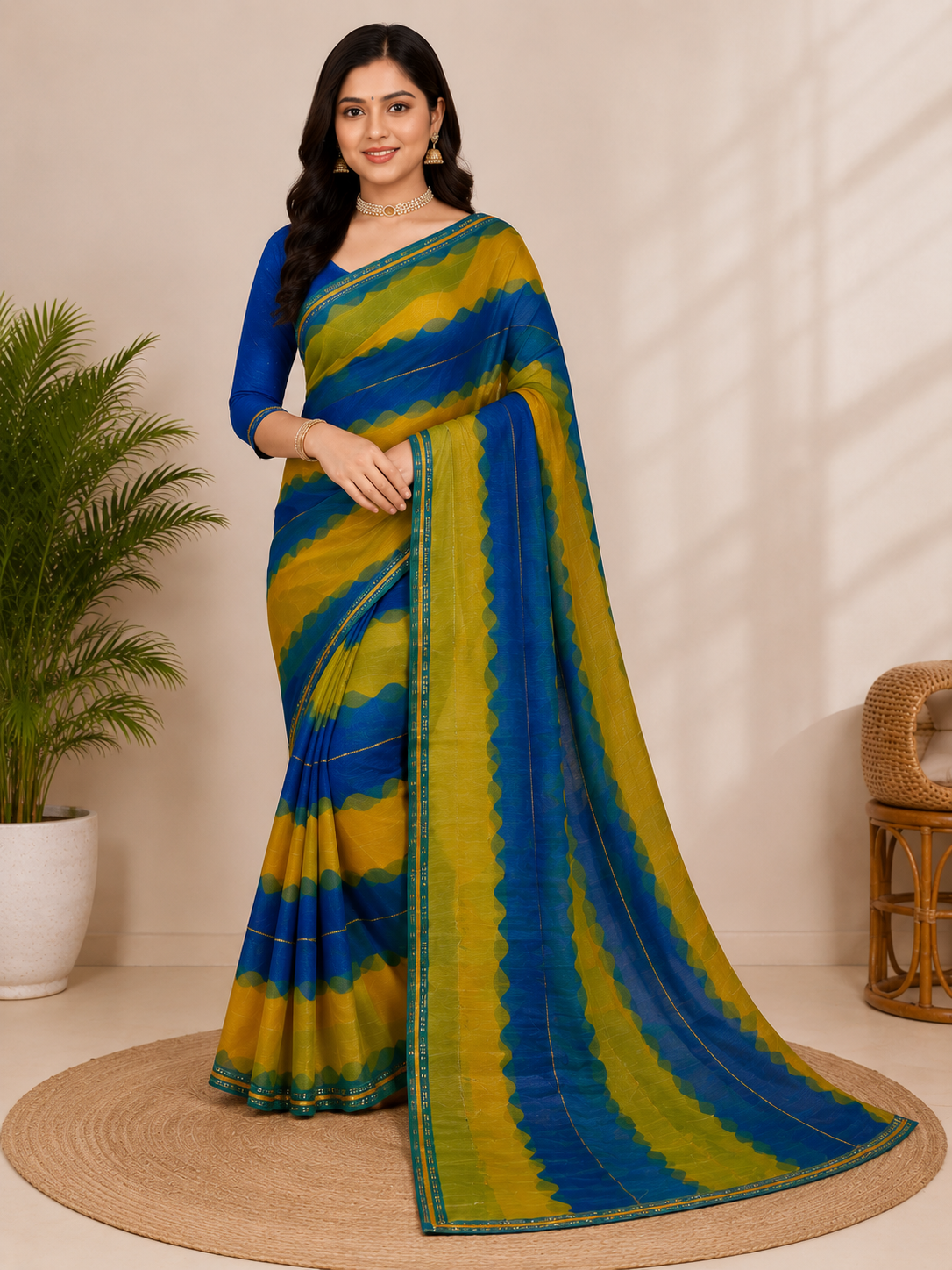 Ek Stree Glory Premium Chiffon Printed Saree with Running Blouse - 6 Pcs Set