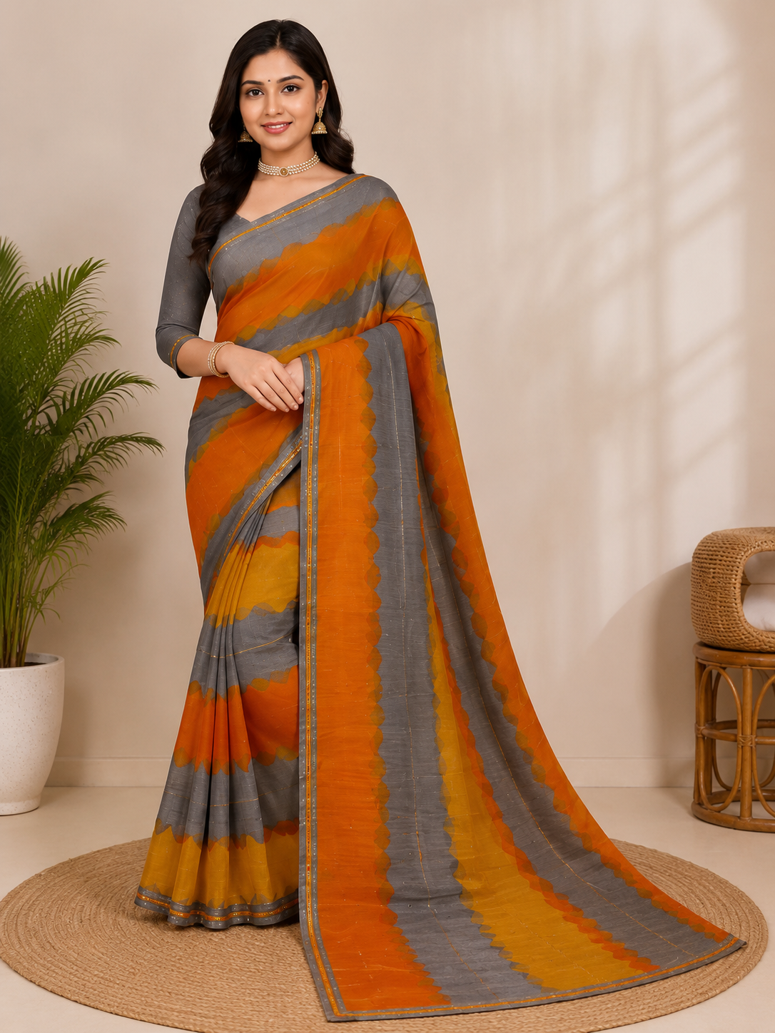 Ek Stree Glory Premium Chiffon Printed Saree with Running Blouse - 6 Pcs Set