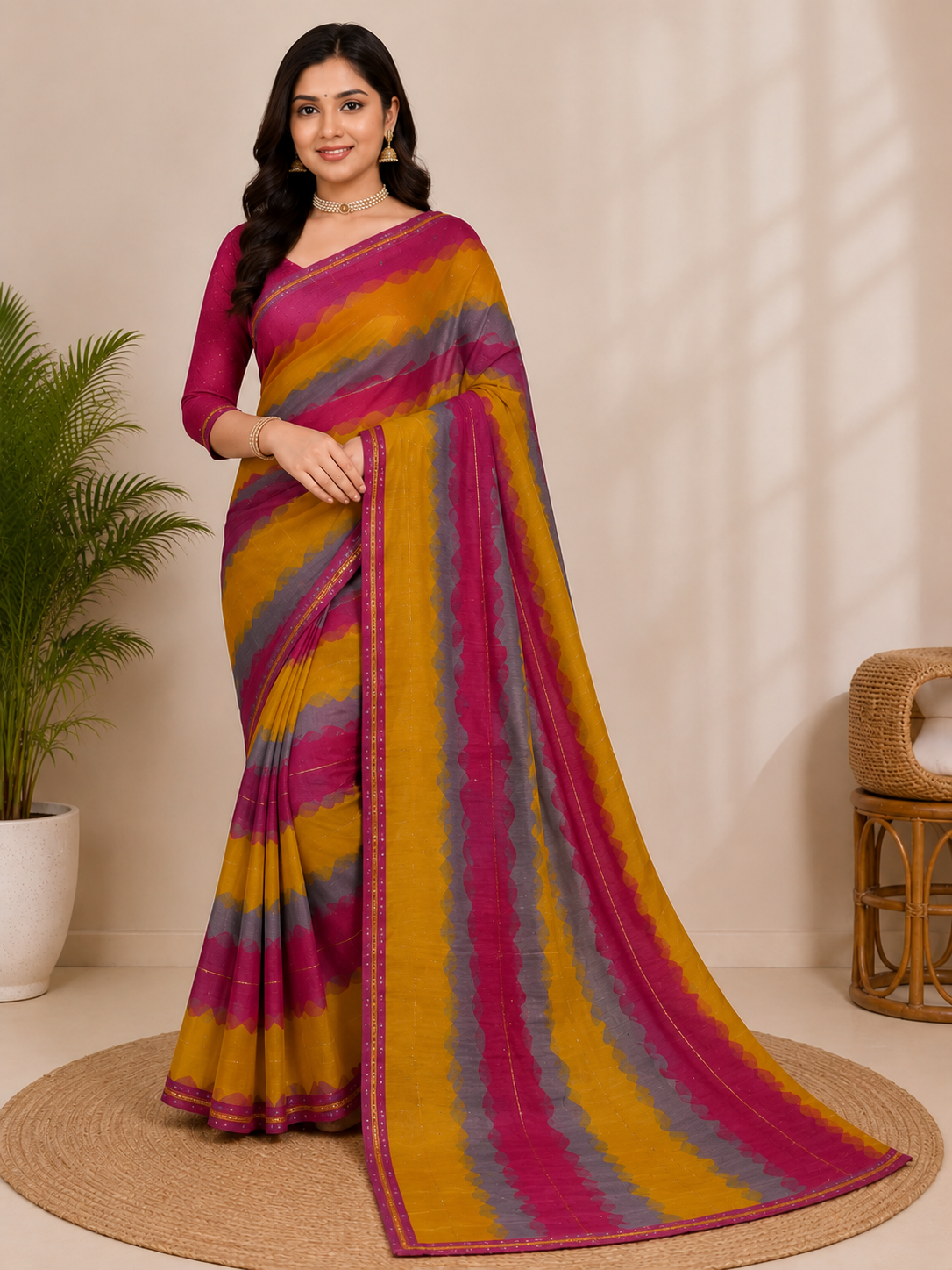 Ek Stree Glory Premium Chiffon Printed Saree with Running Blouse - 6 Pcs Set