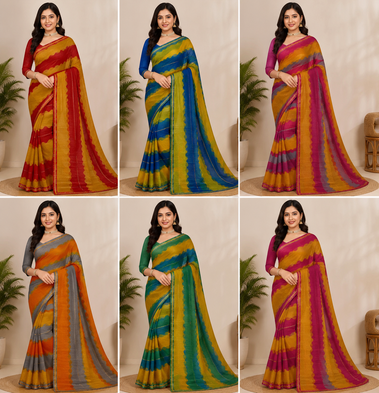 Ek Stree Glory Premium Chiffon Printed Saree with Running Blouse - 6 Pcs Set