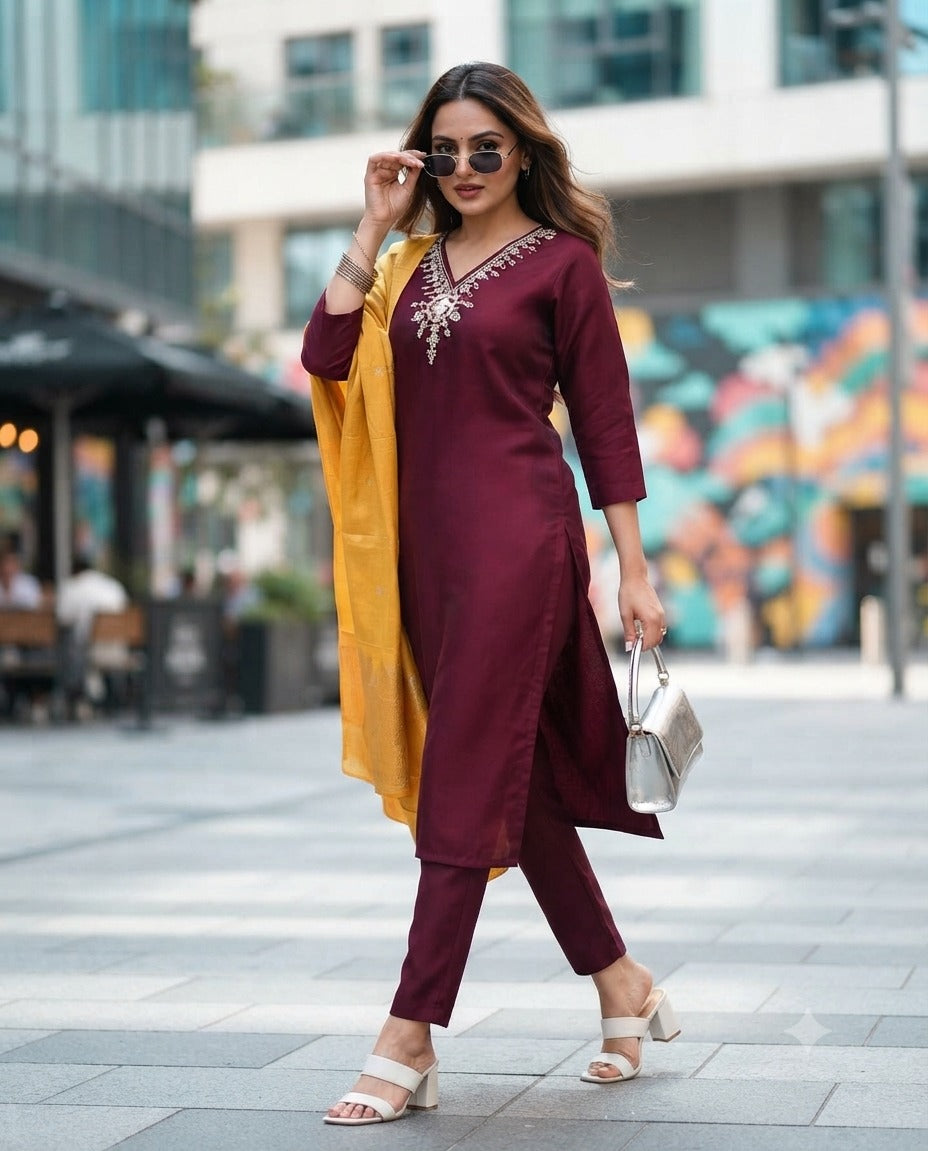 Florina Women's Roman Silk Kurti Set with Muslin Jacquard Silk Dupatta