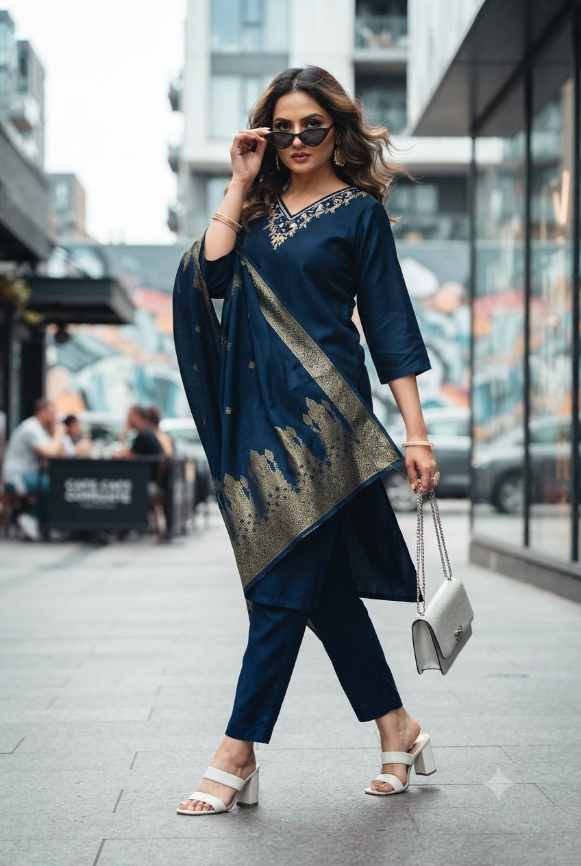 Florina Women's Roman Silk Kurti Set with Muslin Jacquard Silk Dupatta