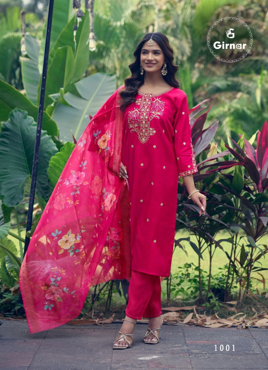 Girnar Dhvani Vol 01 Roman Silk Suit Set - Embroidered Kurti Pant Dupatta Set for Women