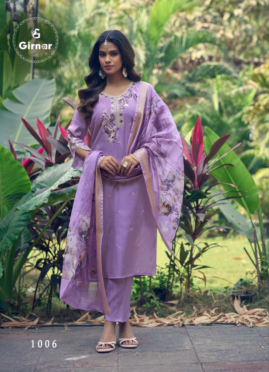 Girnar Dhvani Vol 01 Roman Silk Suit Set - Embroidered Kurti Pant Dupatta Set for Women